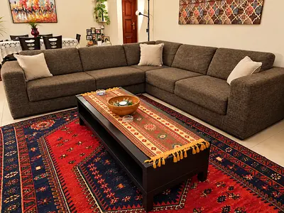Large L-shaped Brown Fabric Corner Sofa - Comfortable Family Size with table