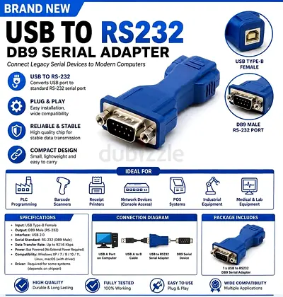 USB to RS2USB to RS232 DB9 Serial Adapter | USB T32 DB9 Serial Adapter (Type B to 9-pin) - Brand New