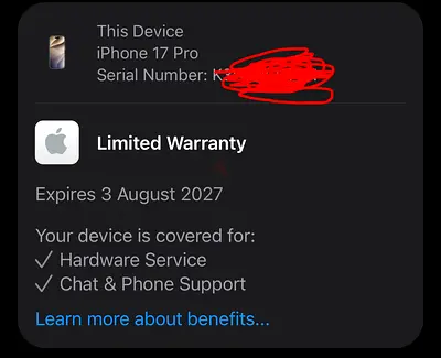 iPhone 17 Pro 512 - Limited Warranty until Aug 2027