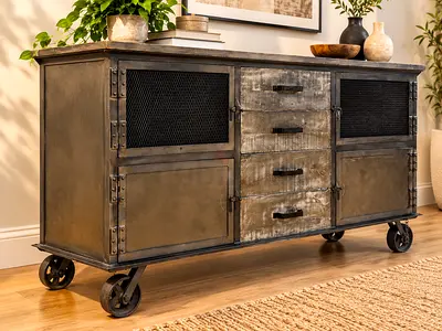 Solid Wood With Iron Frame Beautiful Sideboard On Wheels