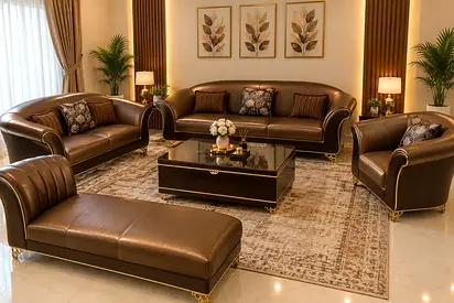 Brown leather living room sofa set with ottoman