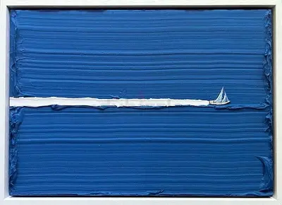Handmade Blue Horizon Textured Seascape with Sailboat – 120 × 90 cm
