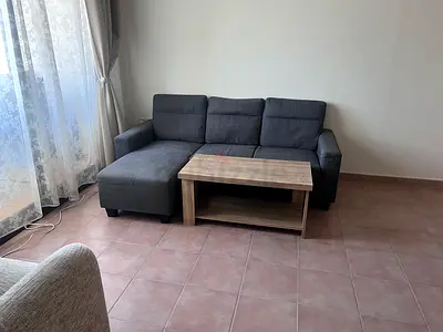 Grey L-shaped 3-seater Sofa with Chaise and Coffee Table