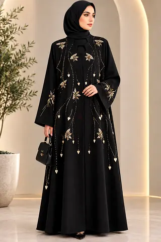Black Embroidered Abaya with Gold Floral Detailing - Size Available