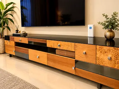 Modern low TV entertainment unit with storage — oak and black finish. L 240 x w 50 cm x h 55