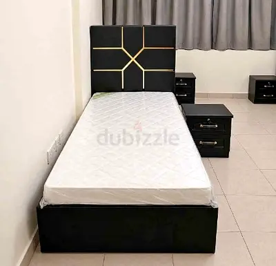 Single bed with mattress and matching bedside tables - black