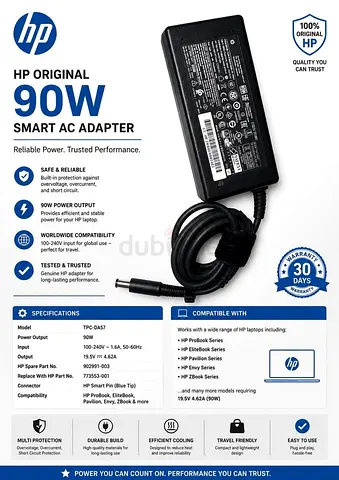 HP 90W Original Smart AC Adapter — 19.5V 4.62A (Fits ProBook/EliteBook/Notebook)