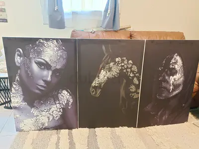 Triptych black & silver art panels - woman, horse, woman (set of 3)