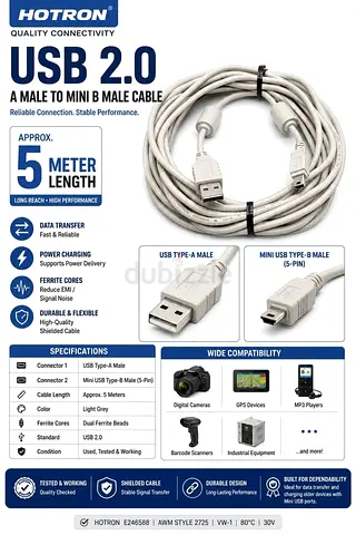 HOTRON USB 2.0 A Male to Mini USB B Male Cable – 5 Meter