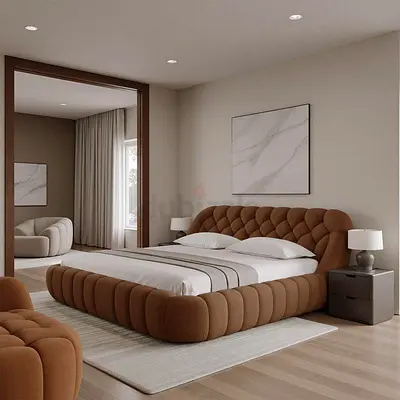 Modern tufted low-profile upholstered king bed in brown