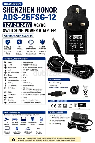 Shenzhen Honor ADS-25FSG-12 12V 2A 24W AC/DC Power Adapter – Original OEM