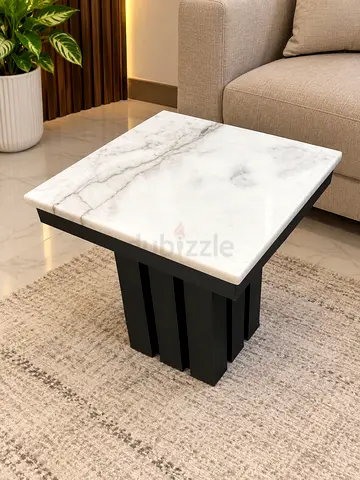Marble Top Side Table with Black Slatted Base - Modern Square Accent Table