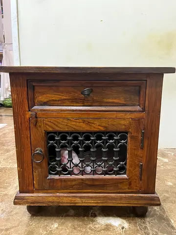 Solid Wood Bedside Cabinet with Decorative Metal Grille