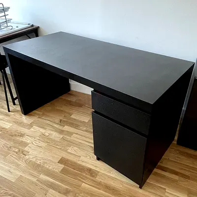 Black modern office desk with drawer and cabinet