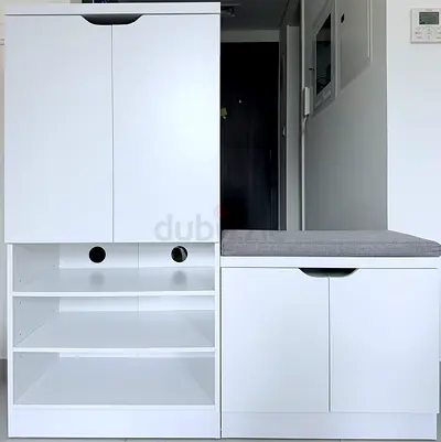 White Shoe Cabinet and Bench with Cushion - Compact Shoe Organizer