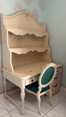 Vintage-style cream writing desk with matching upholstered chair