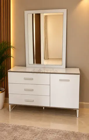 White dresser with mirror - 3 drawers and side cabinet, modern design