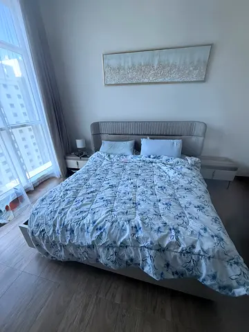 Queen size upholstered bed with headboard and bedside tables - good condition