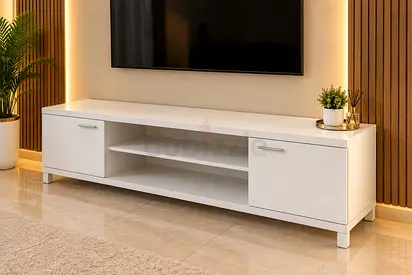 White low TV cabinet with storage shelves and drawers