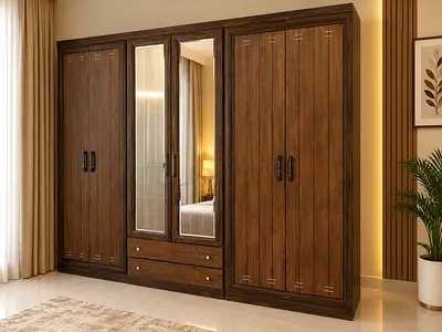 Large Wooden 6-Door Wardrobe with Mirror and Drawers -