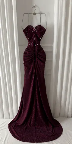 Burgundy Embellished Mermaid Evening Gown – Ruched Corset, Long Train”