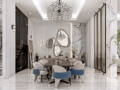 Neoclassical Dining Area | Elegant White & Blue Villa Interior — Dubai
