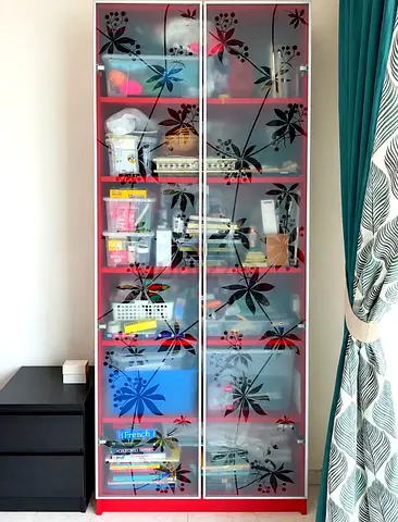 Red Storage Cabinet / Bookcase with Floral Frosted Glass Doors