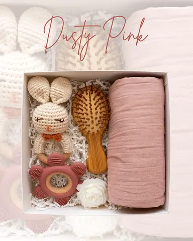 Newborn gift set - dusty pink swaddle, teether, hairbrush & knit toy