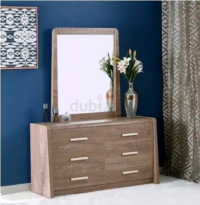 Six-drawer Wooden Dresser with Large Mirror - Light Oak Finish- From HomeBox