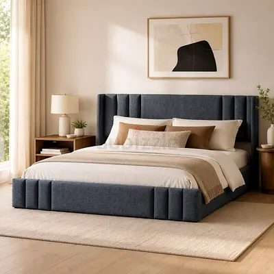Upholstered Queen Bed Frame with Padded Headboard - Dark Grey