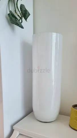 Tall white glass vase — glossy modern design
