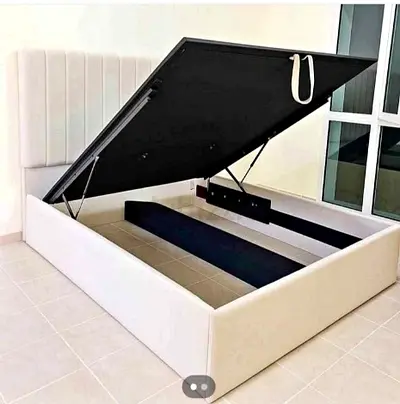 Queen storage ottoman bed with gas-lift mechanism - light beige