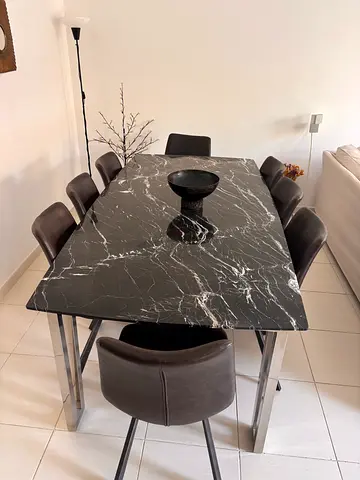 Black real Marble  Dining Table with 6 Upholstered Chairs - Modern Set