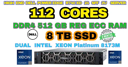 112 CORE-512GB RAM DELL POWER EDGE R740-2 INTEL XEON PLATINIUM 8173M CPU-8TB SSD-16 SFF 2U SERVER