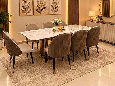 Marble-top dining table with 8 upholstered chairs - elegant set