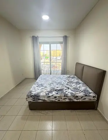 King size upholstered bed with mattress - good condition with free curtains