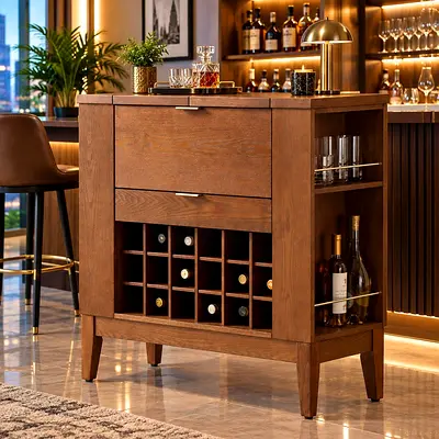 Solid Wood Wine Cabinet From Crate and Barrel / Bar Cart with Storage Shelves