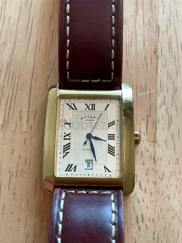 Vintage Rotary Tank rectangular gold-tone men's watch with brown leather strap