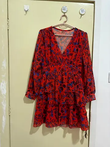 Red floral tiered midi dress, good condition