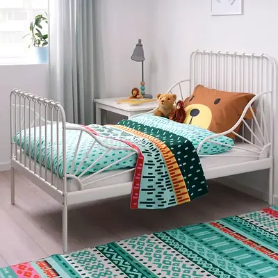 White Metal Single Bed Frame extended with Simple Slatted Headboard