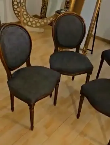 French antique solid wooden dining chair with grey linen upholstery - set of 6 available for 800 AED