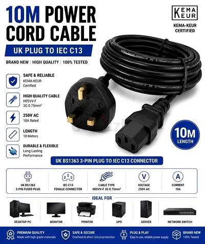 10M UK Power Cord Cable – IEC C13 | H05VV-F 3G 0.75mm² | KEMA-KEUR Certified - Brand New