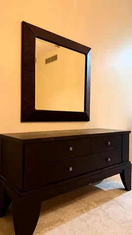 Solid Dark Wood/ leather Dresser with Matching Wall Mirror