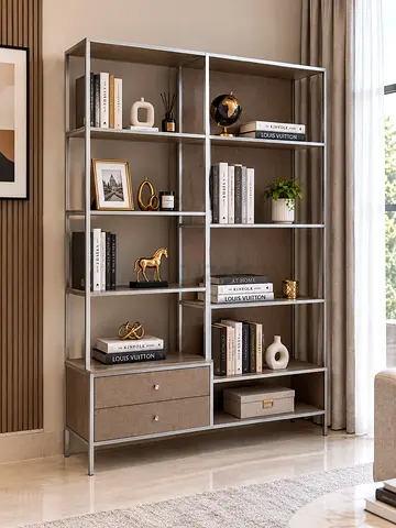 Modern Open Bookshelf with Drawers – Metal Frame, Wood Finish