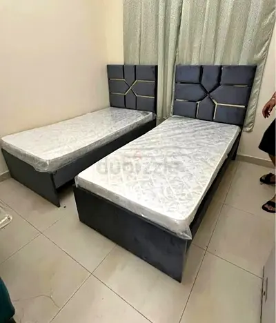 Pair of Single Beds with Mattresses - Grey Upholstered Headboards