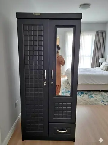 Dark wood 2-door wardrobe with mirror and drawer