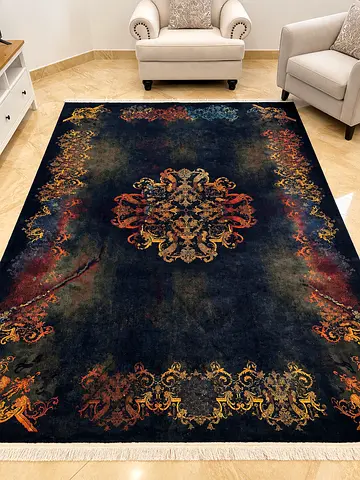 Iranian large decorative dark blue rug with ornate central medallion, good condition