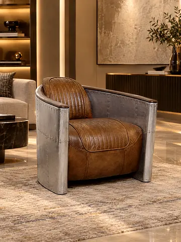 Timothy Oulton Leather Armchair with Metal Frame - Vintage Industrial
