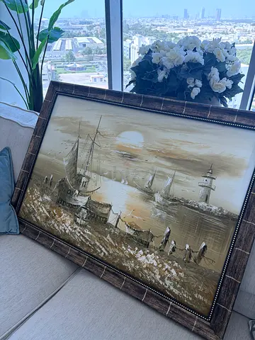Framed Seaside Painting with Lighthouse and Boats (Vintage Style)