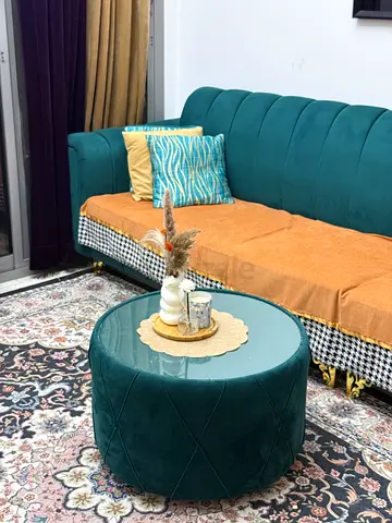 Green velvet ottoman rond coffee table - round upholstered footstool